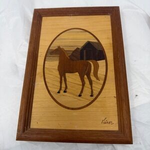 Hudson River Inlay Wood Marquetry Horse Art Mahogany Frame Wilson Signed 9x6